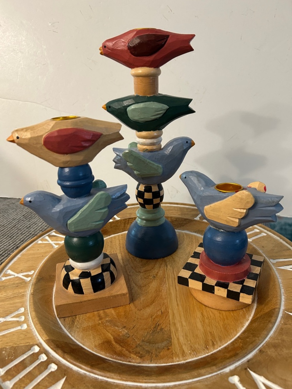 Bird Candle Holders Set of 3 wooden decorative stacked birds shabby chic decor